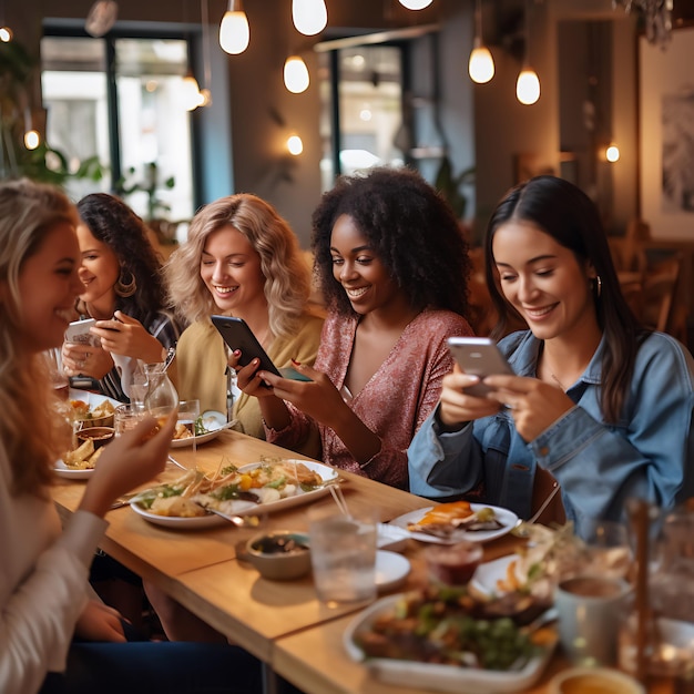 Un gruppo di amiche è seduto in un ristorante e tutte scattano foto sui propri smartphone