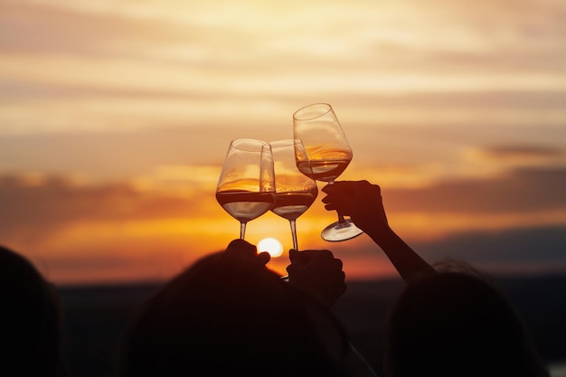 Un gruppo di amiche fa un brindisi con bicchieri di vino bianco al tramonto