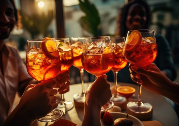 Un gruppo di amici alzando i calici riempiti di cocktail Spritz Veneziano celebrano la vita