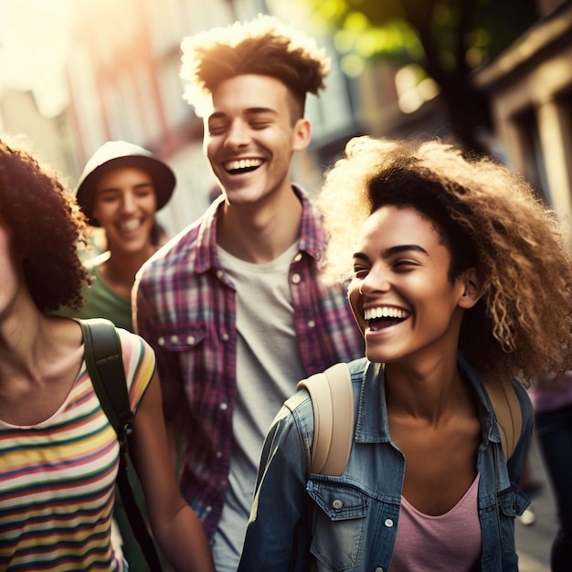 Un gruppo di amici cammina per strada, uno di loro ha un sorriso sul volto.