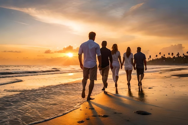 Un gruppo di amici cammina su una spiaggia al tramonto