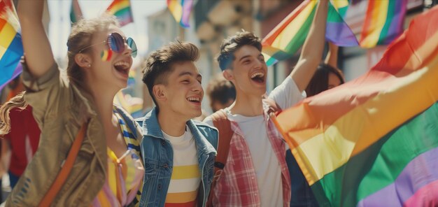 Un gruppo di amici celebra la giornata dell'orgoglio gay con bandiere arcobaleno Libertà per la comunità LGBT