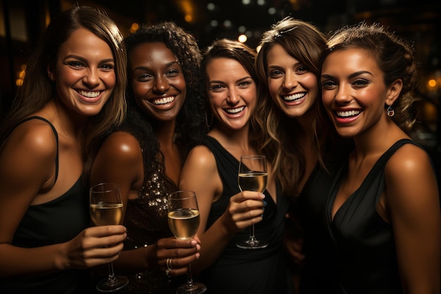 Un gruppo di amici che brindano con bicchieri di champagne a una festa