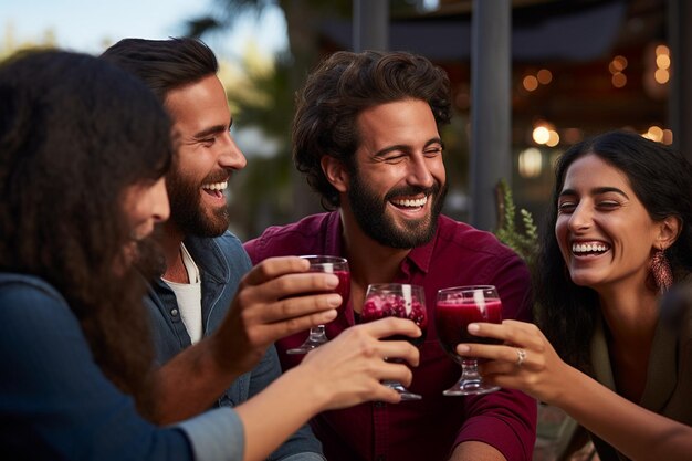 Un gruppo di amici che brindano con bicchieri di succo di melograno