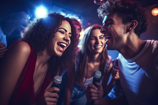 Un gruppo di amici che cantano il karaoke a una festa