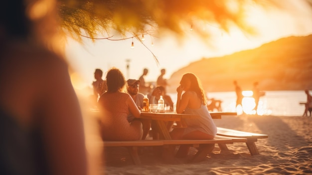 Un gruppo di amici che cenano e bevono in vacanza al mare con gli amici divertenti festeggiamenti estivi