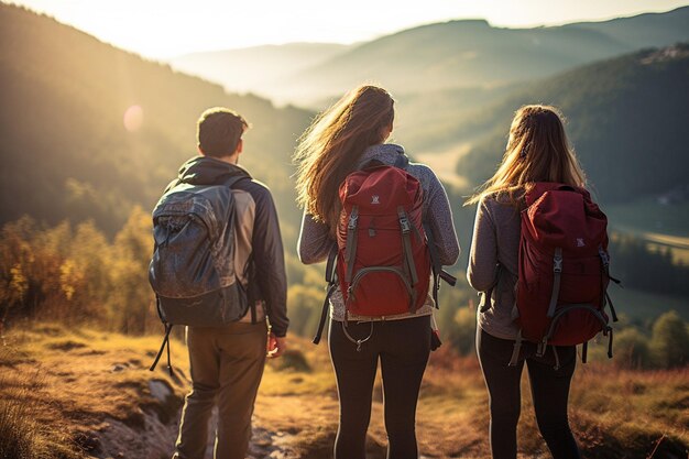 Un gruppo di amici che fanno un'escursione insieme con gli zaini