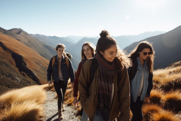 Un gruppo di amici che fanno un'escursione insieme in un paesaggio montuoso con una vista mozzafiato delle valli e