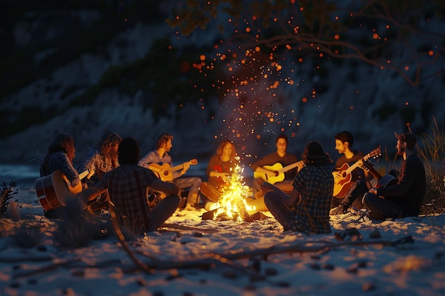 Un gruppo di amici che fanno una festa al fuoco sulla spiaggia con