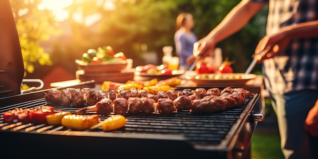 Un gruppo di amici che fanno una festa all'aperto si concentrano sul barbecue con il cibo