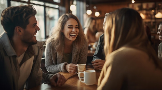 Un gruppo di amici che ride di cuore in un accogliente bar condividendo storie davanti a un caffè, la loro gioia è evidente