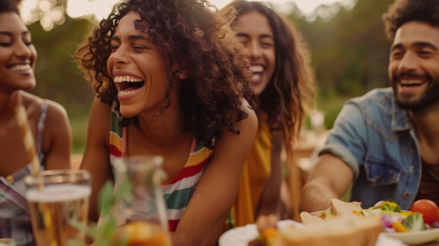 Un gruppo di amici che ridono e condividono un pasto in un ambiente di picnic circondati dalla natura e che si divertono