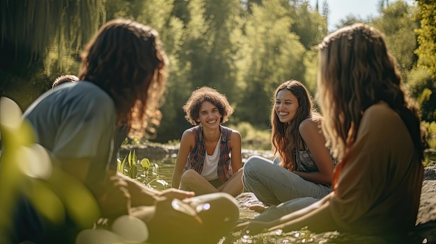 Un gruppo di amici che ridono e si godono un picnic in un parco soleggiato