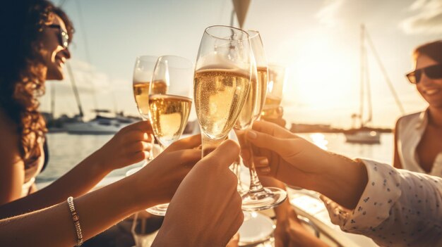 Un gruppo di amici che si divertono insieme e bevono champagne mentre navigano in mare su uno yacht di lusso Concept di viaggio e yachting