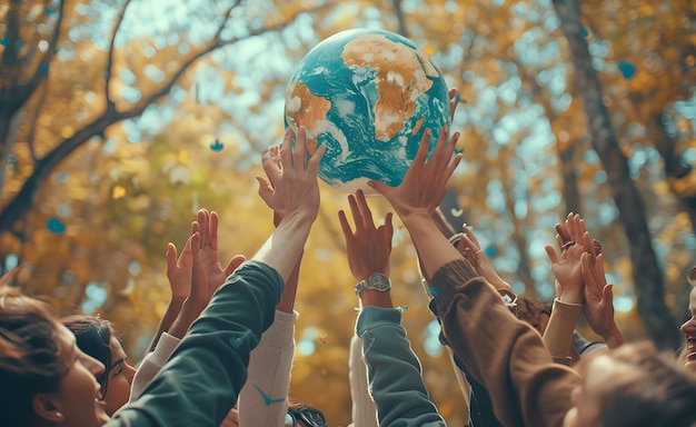 Un gruppo di amici che si divertono sulla spiaggia con il globo in mano