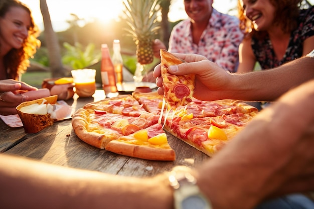 Un gruppo di amici che si godono fette di pizza hawaiana a un picnic