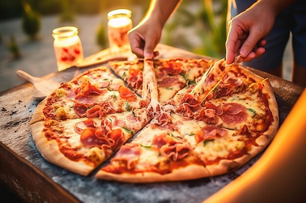 Un gruppo di amici che si godono fette di pizza hawaiana a un picnic