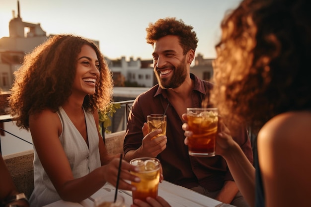 Un gruppo di amici che si godono il tè ghiacciato su una terrazza sul tetto