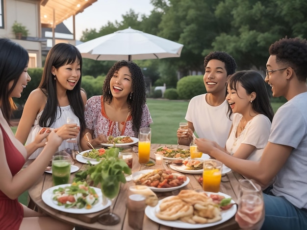 Un gruppo di amici che si godono un pasto a una festa all'aperto nel cortile posteriore