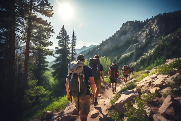 Un gruppo di amici che viaggiano con lo zaino sulla schiena lungo un sentiero panoramico