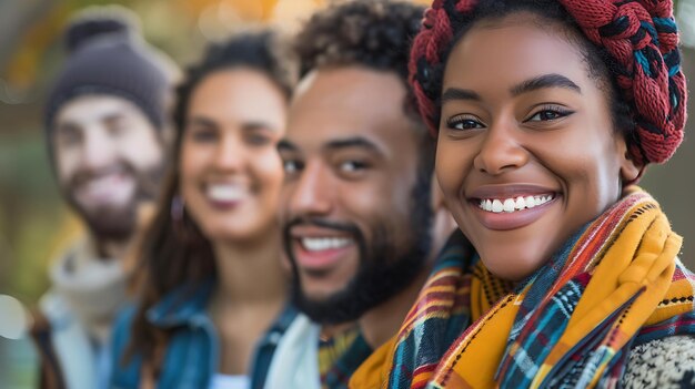 Un gruppo di amici diversi e felici che trascorrono del tempo insieme all'aperto in autunno sono tutti sorridenti e indossano abiti casuali