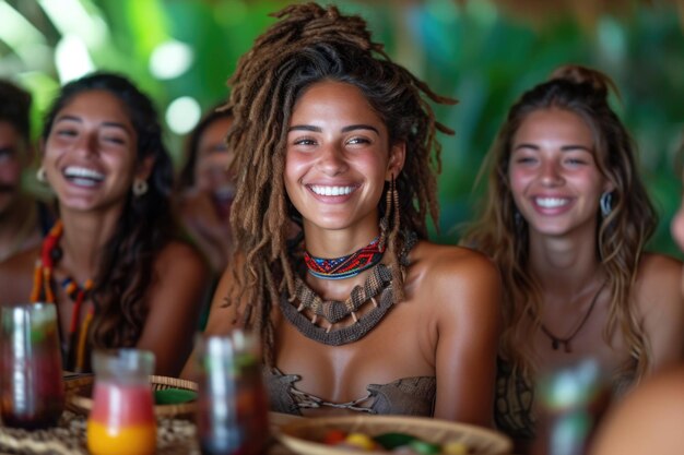 Un gruppo di amici è seduto insieme a un tavolo festivo fuori e chiacchiera Bali