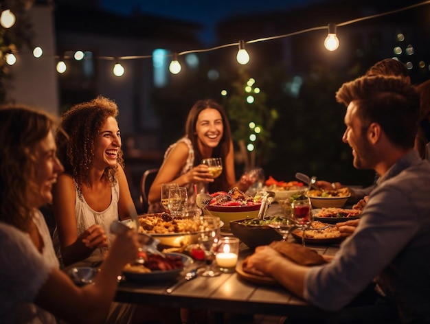 un gruppo di amici felici che festeggiano le vacanze usando sprinkler e bevendo vino rosso mentre fanno un picnic a cena francese all'aperto vicino al fiume in una bella serata d'estate in natura