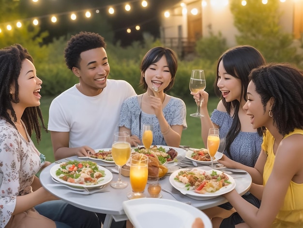 Un gruppo di amici felici che pranzano nel ristorante durante una giornata estiva soleggiata