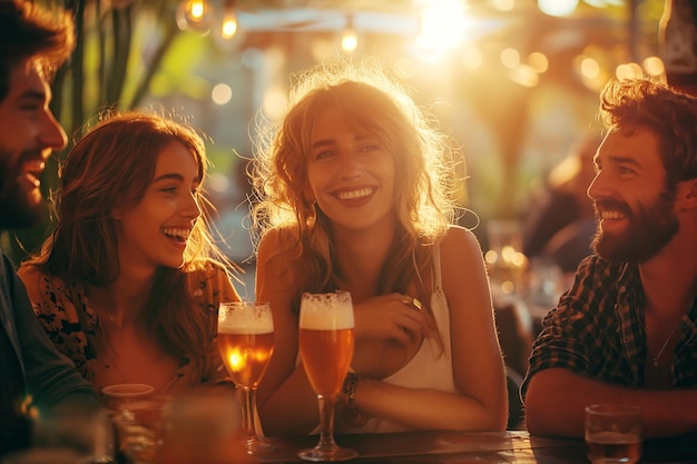 un gruppo di amici felici persone bevono birra ridono e chiacchierano all'interno del bar al tavolo la sera al tramonto