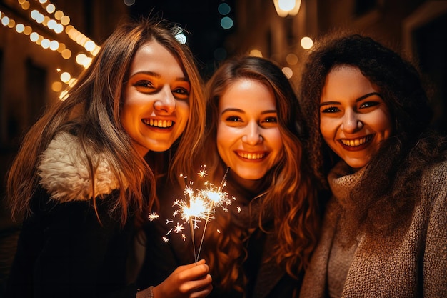 Un gruppo di amici festeggia una serata fuori con le stelle filanti per festeggiare il capodanno