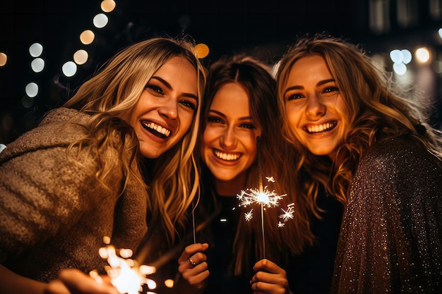 Un gruppo di amici festeggia una serata fuori con le stelle filanti per festeggiare il capodanno