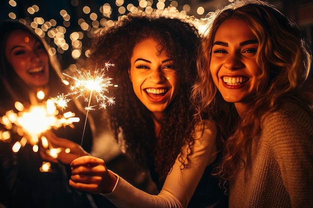 Un gruppo di amici festeggia una serata fuori con le stelle filanti per festeggiare il capodanno