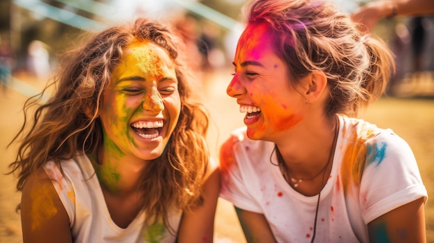 Un gruppo di amici gioiosi che ridono durante la colorata festa di Holi