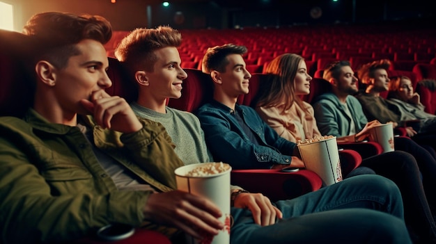 Un gruppo di amici guarda film insieme in un multiplex AI generativa