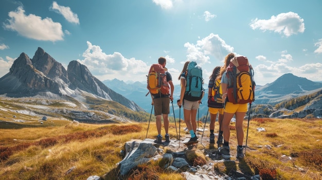 Un gruppo di amici in un'avventura di escursione panoramica sulle montagne splendida