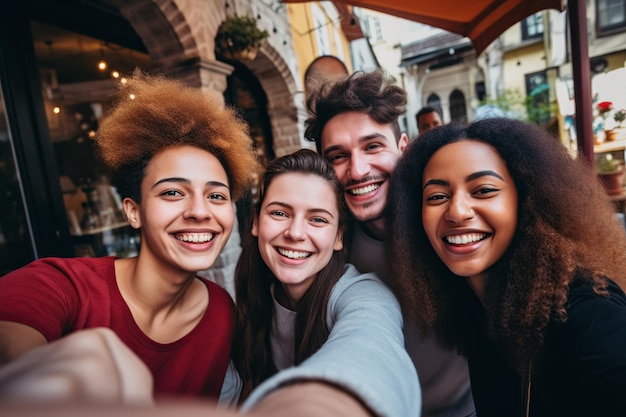 Un gruppo di amici multirazziali che si fanno un selfie