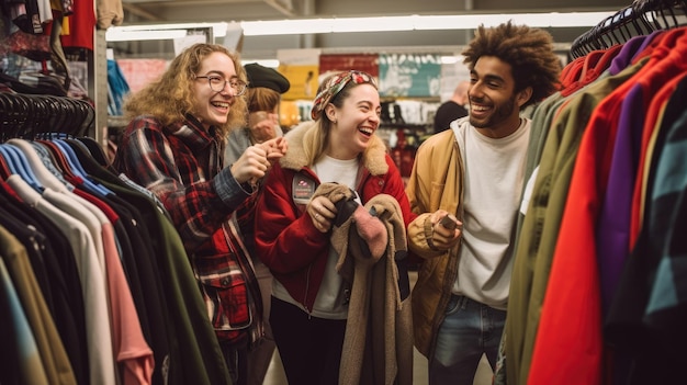 Un gruppo di amici sfoglia con entusiasmo gli scaffali dei vestiti durante il Black Friday