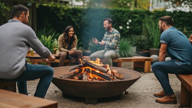 Un gruppo di amici si è riunito intorno a un focolare cucinando deliziose pietanze da barbecue e approfittando del calore e della compagnia di un'incantevole ambientazione all'aperto di IA generativa