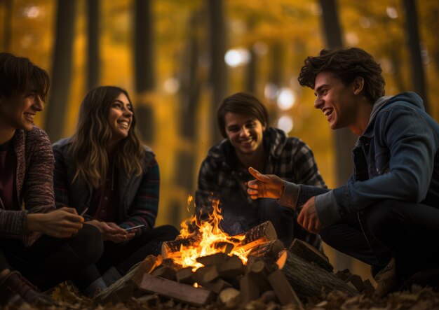 Un gruppo di amici si gode un falò in un ambiente autunnale