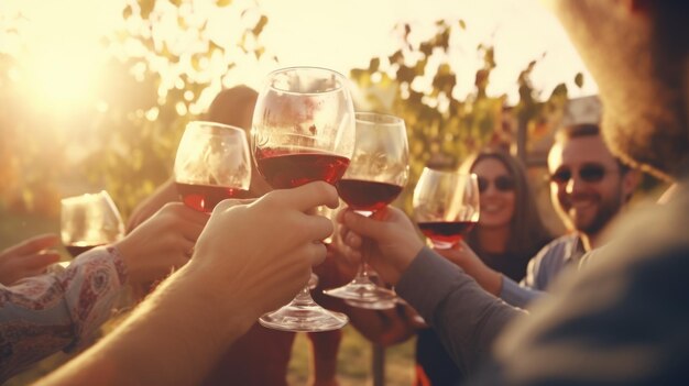 Un gruppo di amici si riunisce per una degustazione di vino in un vigneto di campagna durante la stagione della raccolta estiva, applaudendo e brindando con amicizia.
