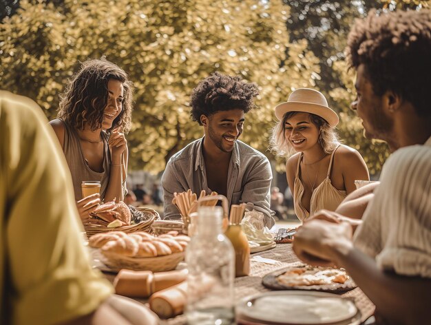 Un gruppo di amici sta facendo un picnic nel parco durante il pomeriggio di una giornata di sole