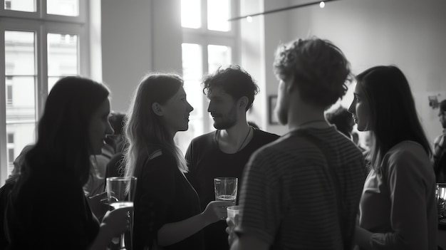 Un gruppo di amici sta facendo una festa in un loft stanno bevendo stanno parlando e ridendo