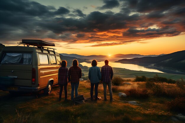 Un gruppo di amici sta insieme e guarda la vista sulle montagne godendosi l'aria fresca e bella