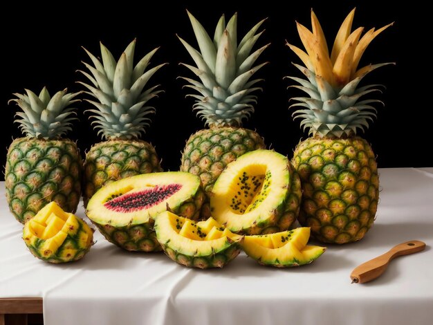 Un gruppo di ananas si siede su un tavolo con uno che dice "ananas" sopra