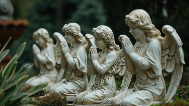 Un gruppo di angeli delicati inginocchiati in preghiera che ricorda la storia biblica del giardino di
