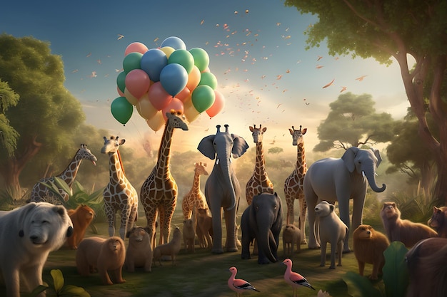 un gruppo di animali con palloncini sullo sfondo celebrazione della giornata mondiale degli animali