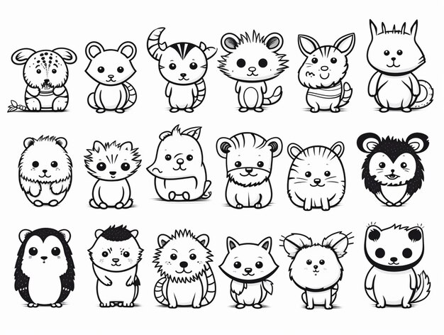 un gruppo di animali dei cartoni animati con diverse facce e code generative ai