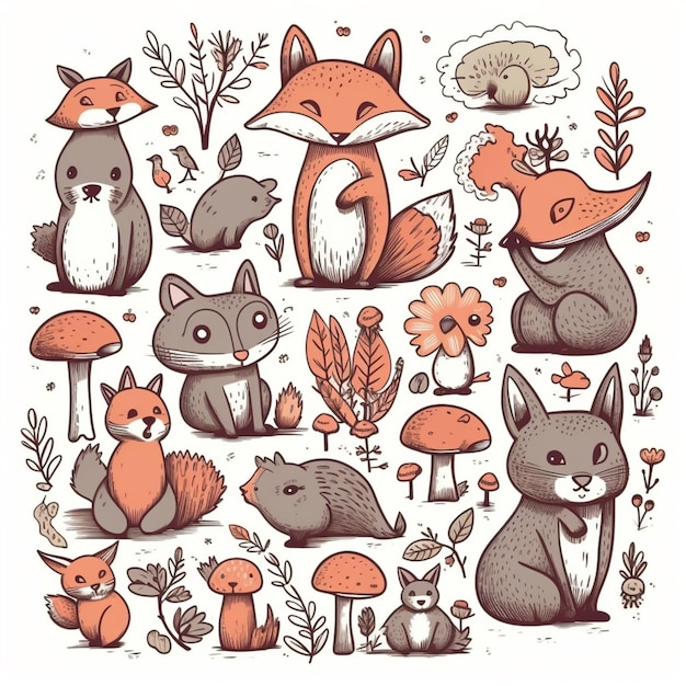 un gruppo di animali e piante dei cartoni animati in una foresta ai generativa