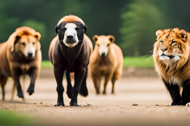 un gruppo di animali in piedi in un campo con uno di loro ha una faccia nera e marrone