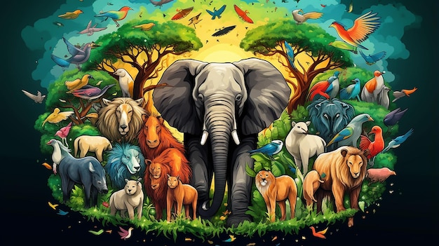 un gruppo di animali nella foresta in stile design piatto